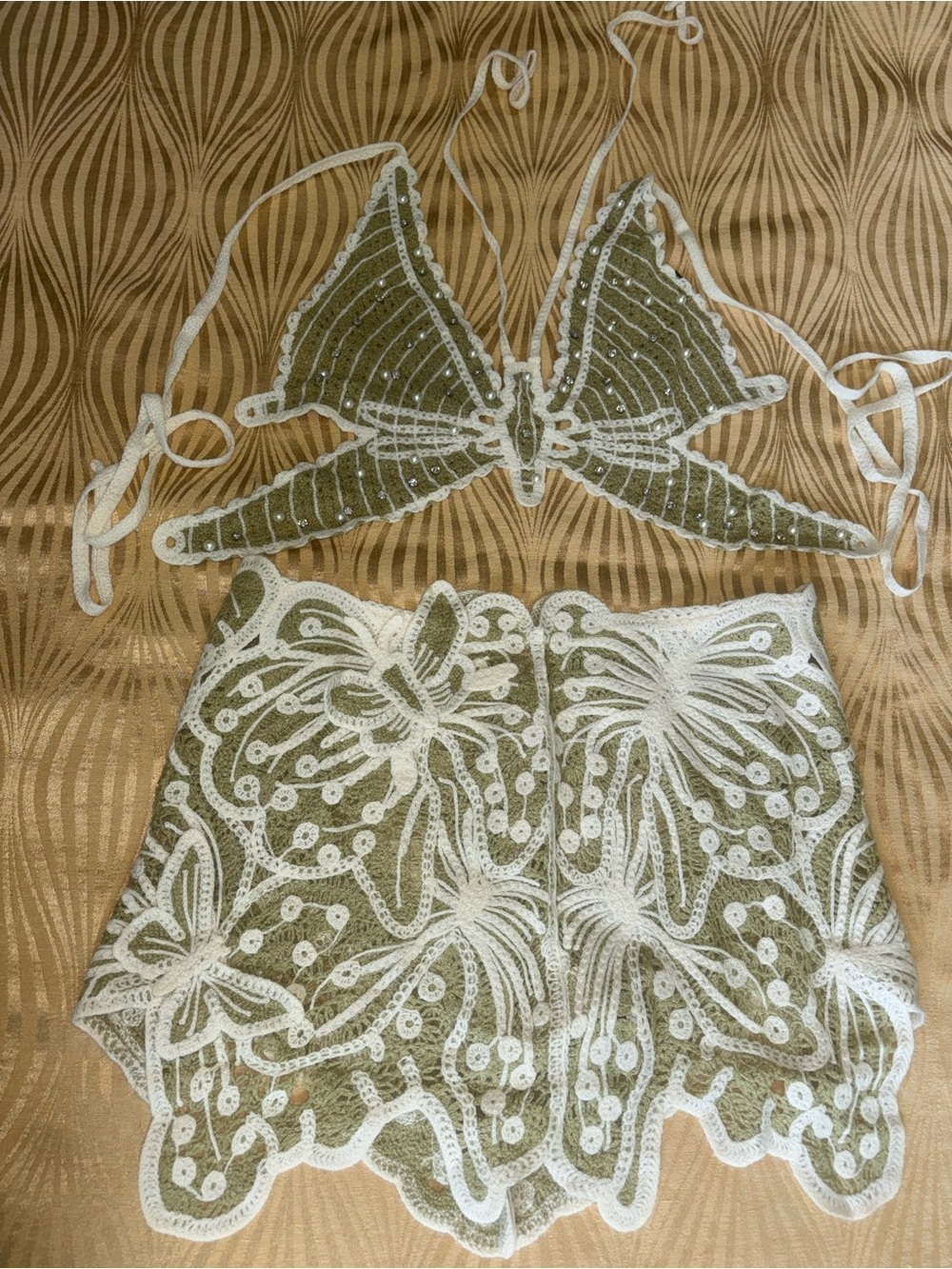 Embroidered Butterfly Lace Two-Piece Set in Green and White S/M